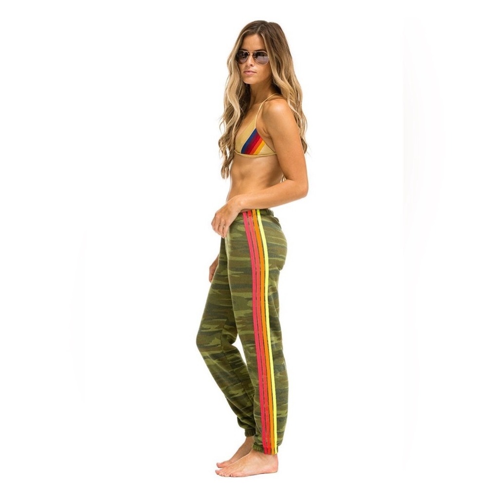 Aviator Nation Green Camo Jogger Sweatpants Neon Stripe Retro READ Womens Small